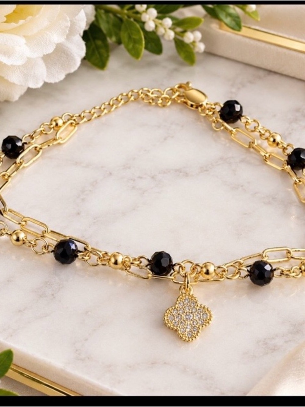 Gold-Tone Black Bead Double Chain Bracelet with Pave Clover Charm
